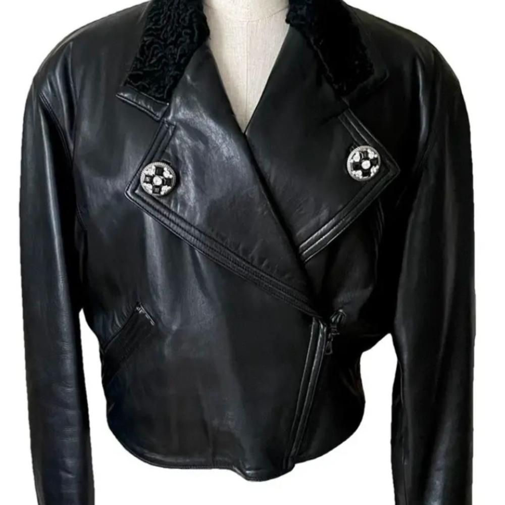 Gianni Versace Black Leather Jacket with Embellished Buttons